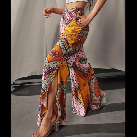Boho Bohemian Gypsy Floral Paisley Print Slit wide Leg Pants - Picture 6 of 9